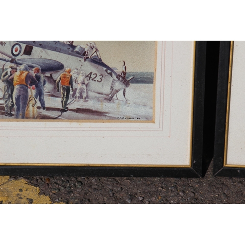 134 - PAIR OF MILITARY PLANE SIGNED R. EAMES PRINTS AND TWO METAL PRINTS 
48 X 32CM