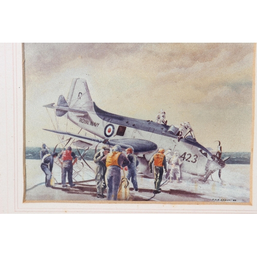 134 - PAIR OF MILITARY PLANE SIGNED R. EAMES PRINTS AND TWO METAL PRINTS 
48 X 32CM