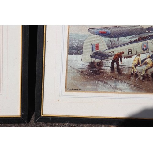 134 - PAIR OF MILITARY PLANE SIGNED R. EAMES PRINTS AND TWO METAL PRINTS 
48 X 32CM