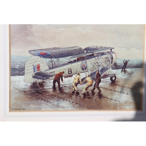 134 - PAIR OF MILITARY PLANE SIGNED R. EAMES PRINTS AND TWO METAL PRINTS 
48 X 32CM