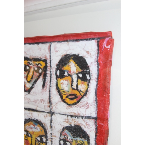 169 - UNUSUAL VINTAGE BOX FRAMED PAINTING OF TRIBAL ART STYLE FACES