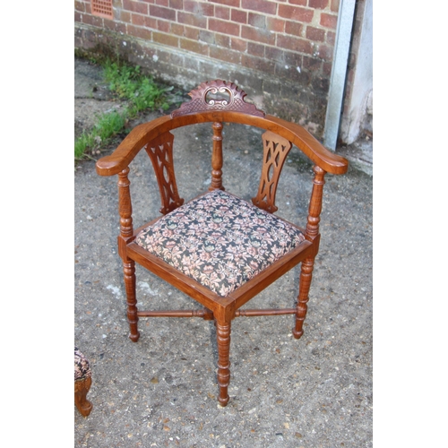 81 - ANTIQUE CORNER CHAIR AND TWO FOOTSTOOLS 
64 X 66 X 75