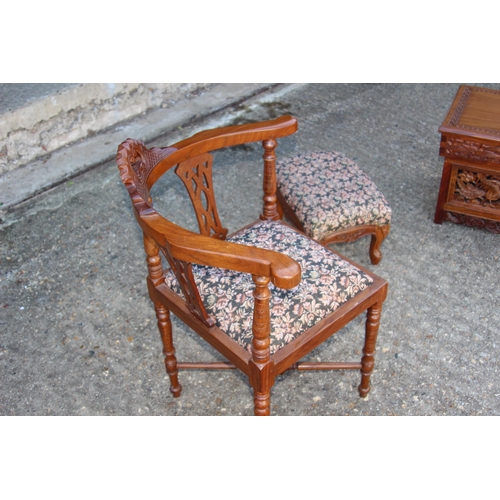 81 - ANTIQUE CORNER CHAIR AND TWO FOOTSTOOLS 
64 X 66 X 75