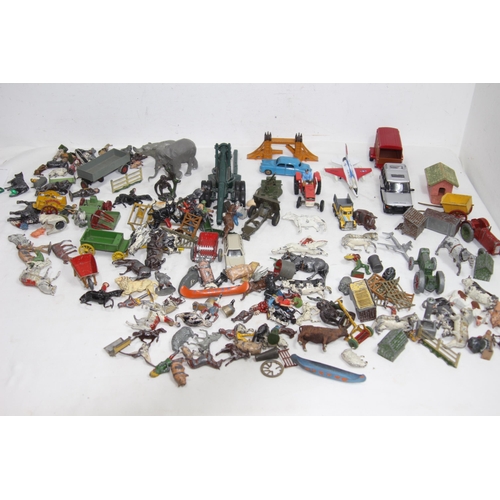 586 - BOX OF LEAD AND DIECAST FIGURES AND VEHICLES