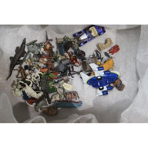 586 - BOX OF LEAD AND DIECAST FIGURES AND VEHICLES