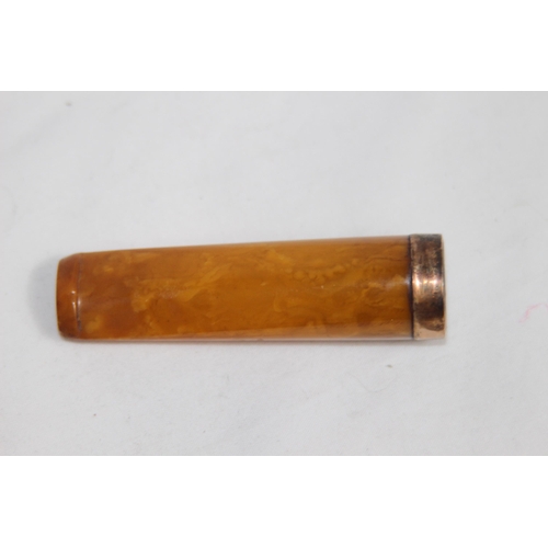 1144 - GEORGE V 9CT GOLD MOUNTED AMBER LARGE CHEROOT OR CIGAR HOLDER