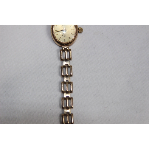 1145 - 9CT GOLD LADIES WATCH AND STRAP - 9.20G