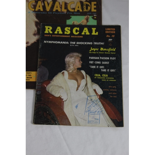 323 - SELECTION OF EARLY MENS ENTERTAIMENT MAGAZINES TO INCLUDE JAYNE MANSFIELD 1964 RASCAL, A COPY OF CAV... 