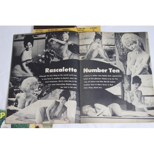 323 - SELECTION OF EARLY MENS ENTERTAIMENT MAGAZINES TO INCLUDE JAYNE MANSFIELD 1964 RASCAL, A COPY OF CAV... 