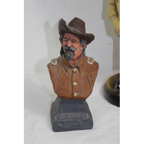 307 - JOHN WAYNE FIGURE, BUST OF BUFFALO BILL AND A CERAMIC COWBOY BOOT
45CM