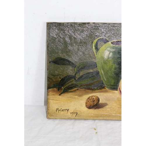 131 - OIL ON CANVAS STILL LIFE SIGNED M. GREY 1909
41 X 21CM