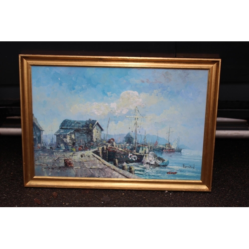 142 - OIL ON BOARD OF HARBOUR SCENE SIGNED BOWEN
103 X 71CM