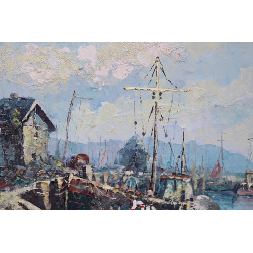 142 - OIL ON BOARD OF HARBOUR SCENE SIGNED BOWEN
103 X 71CM