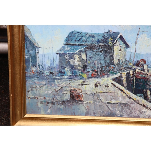 142 - OIL ON BOARD OF HARBOUR SCENE SIGNED BOWEN
103 X 71CM