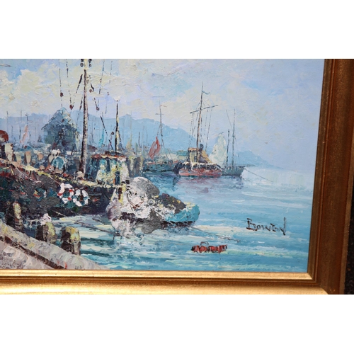 142 - OIL ON BOARD OF HARBOUR SCENE SIGNED BOWEN
103 X 71CM