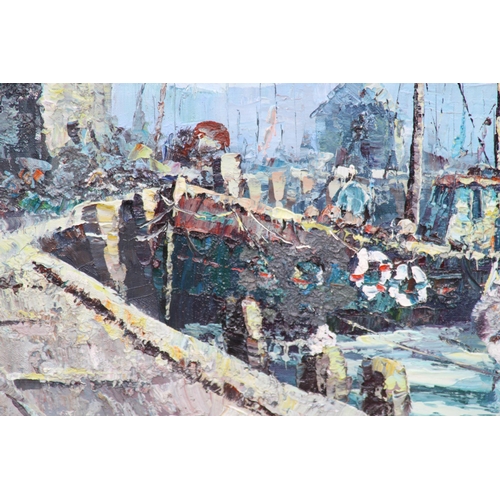 142 - OIL ON BOARD OF HARBOUR SCENE SIGNED BOWEN
103 X 71CM