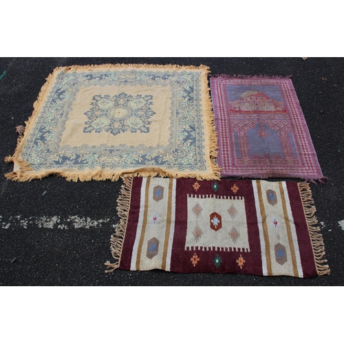 219 - EASTERN PRAYER RUG AND 2 WALL HANGINGS
118 X 118CM