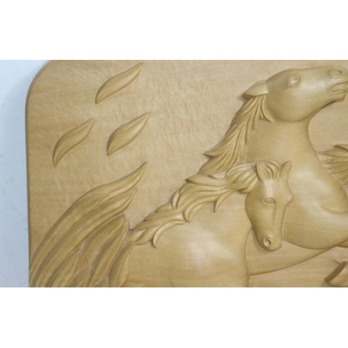 349 - HAND CARVED WILD HORSES OF CAMARGUE SIGNED BASIL KEMP 1995 PLAQUE 
43 X 33 X 5CM