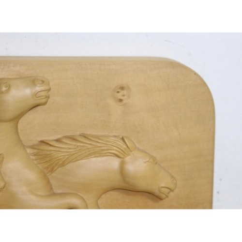 349 - HAND CARVED WILD HORSES OF CAMARGUE SIGNED BASIL KEMP 1995 PLAQUE 
43 X 33 X 5CM