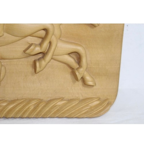 349 - HAND CARVED WILD HORSES OF CAMARGUE SIGNED BASIL KEMP 1995 PLAQUE 
43 X 33 X 5CM