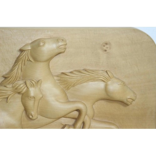 349 - HAND CARVED WILD HORSES OF CAMARGUE SIGNED BASIL KEMP 1995 PLAQUE 
43 X 33 X 5CM