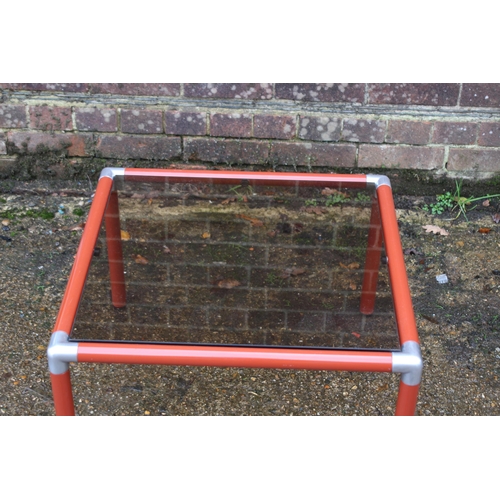 13 - VINTAGE RODNEY KINSMAN OMK DESIGN SMOKED GLASS, CHROME AND RED TUBULAR COFFEE TABLE
60 x 37CM