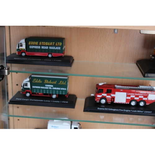 598 - LARGE DISPLAY CABINET WITH EDDIE STOBART TRUCKS  x30
65 X 19 X 113CM