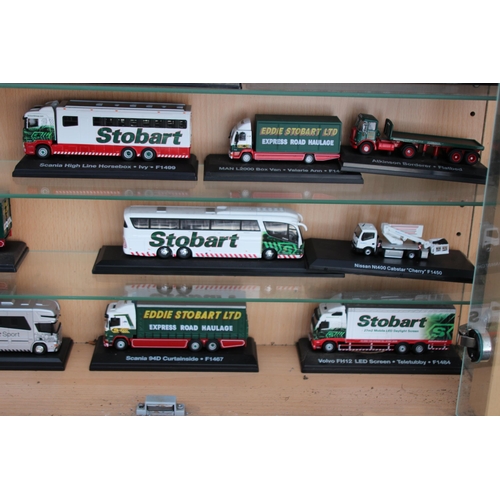 598 - LARGE DISPLAY CABINET WITH EDDIE STOBART TRUCKS  x30
65 X 19 X 113CM