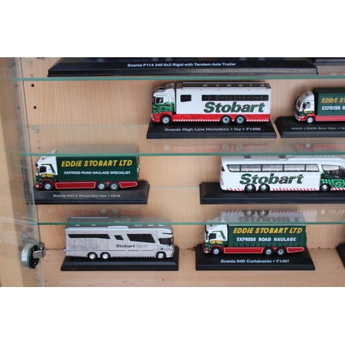 598 - LARGE DISPLAY CABINET WITH EDDIE STOBART TRUCKS  x30
65 X 19 X 113CM