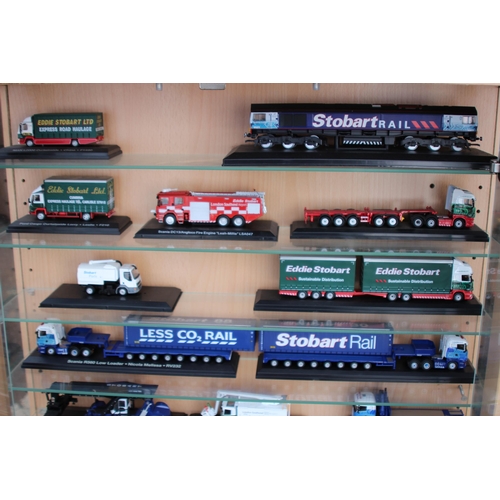 598 - LARGE DISPLAY CABINET WITH EDDIE STOBART TRUCKS  x30
65 X 19 X 113CM