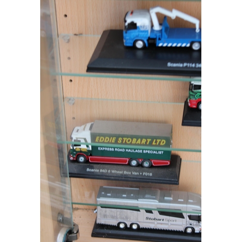 598 - LARGE DISPLAY CABINET WITH EDDIE STOBART TRUCKS  x30
65 X 19 X 113CM