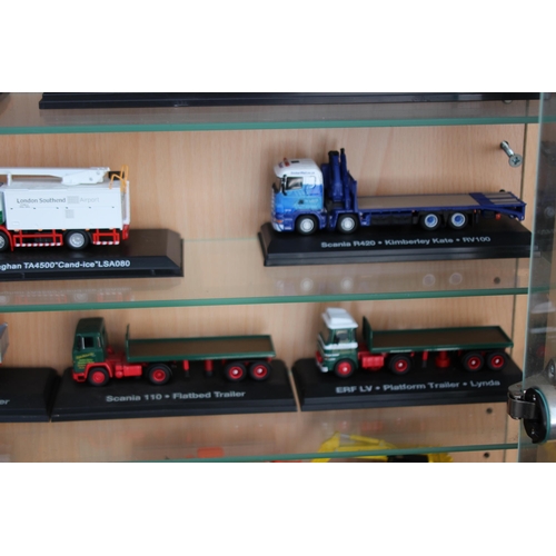 598 - LARGE DISPLAY CABINET WITH EDDIE STOBART TRUCKS  x30
65 X 19 X 113CM