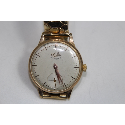 1091 - 9CT GOLD GENTS ENICAR WATCH - STRAP NOT GOLD