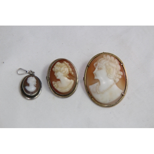 924 - SILVER CAMEO PENDANT, SILVER CAMEO BROOCH, SILVER CHAIN AND YELLOW METAL CAMEO BROOCH