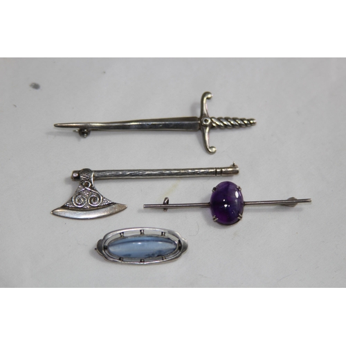 925 - FOUR SILVER BROOCHES, CELTIC SWORD, AXE AND TWO STONE SET