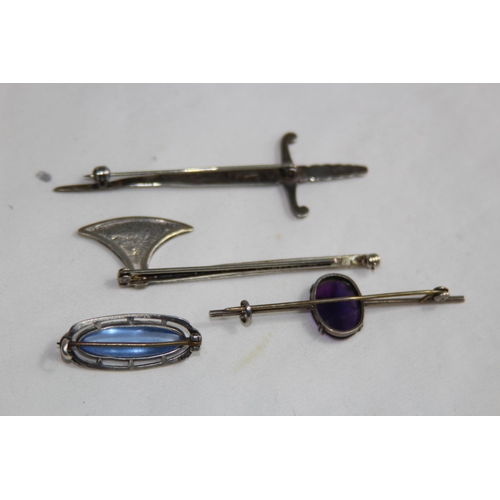 925 - FOUR SILVER BROOCHES, CELTIC SWORD, AXE AND TWO STONE SET