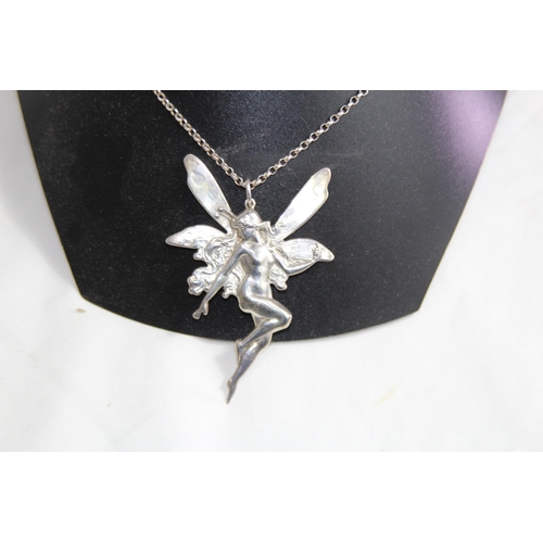 930 - VERY LARGE SILVER FAIRY ART NOUVEAU DESIGN PENDANT NECKLACE - LONDON 1980