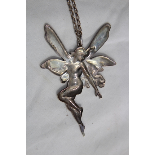 930 - VERY LARGE SILVER FAIRY ART NOUVEAU DESIGN PENDANT NECKLACE - LONDON 1980