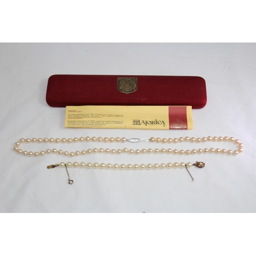 945 - MAJORCIA CASED WITH COA GILT SILVER CLAPPED BRACELET AND A SLIVER FAUX PEARL NECKLACE