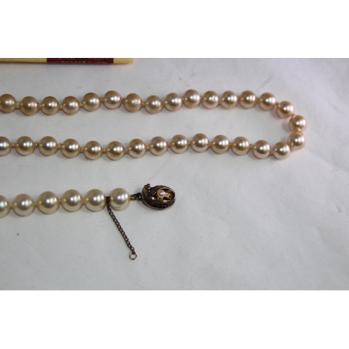 945 - MAJORCIA CASED WITH COA GILT SILVER CLAPPED BRACELET AND A SLIVER FAUX PEARL NECKLACE