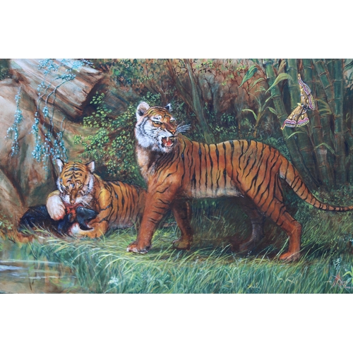 154 - TIGERS OIL ON CANVAS SIGNED PRINCE 
100 X 70CM