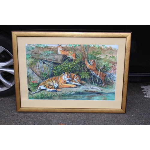 156 - TIGERS FRAMED OIL ON BOARD SIGNED PRINCE 
91 X 68CM