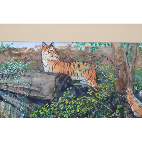 156 - TIGERS FRAMED OIL ON BOARD SIGNED PRINCE 
91 X 68CM