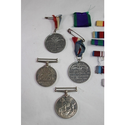 705 - WWI AND WWII MEDALS AND RIBBONS AND 2 LATER CORONATION MEDALS