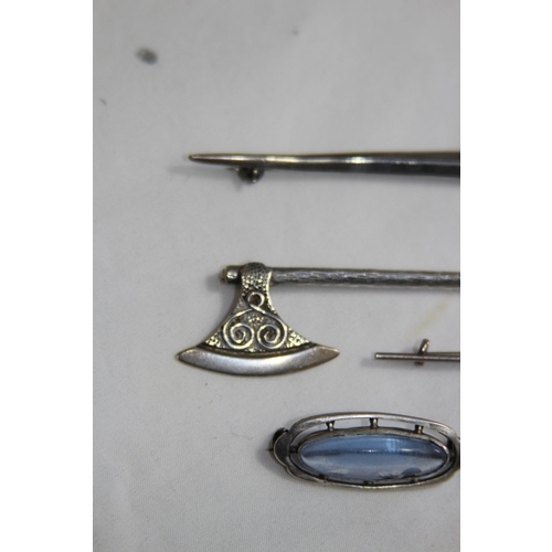 925 - FOUR SILVER BROOCHES, CELTIC SWORD, AXE AND TWO STONE SET