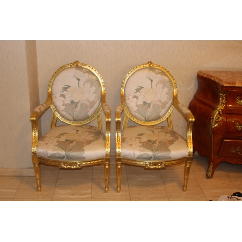 7 - PAIR OF LOUIS XIV STYLE UPHOLSTERED ARMCHAIRS 
60 X 54 X 97CM