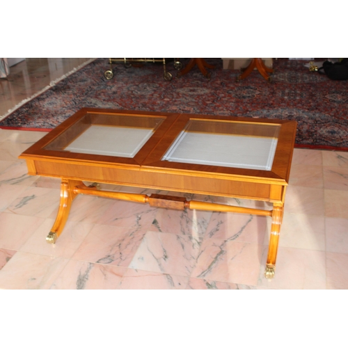 22 - INTERESTING YEW WOOD REPRODUCTION DISPLAY TOP COFFEE TABLE 
120 X 65 X 55CM