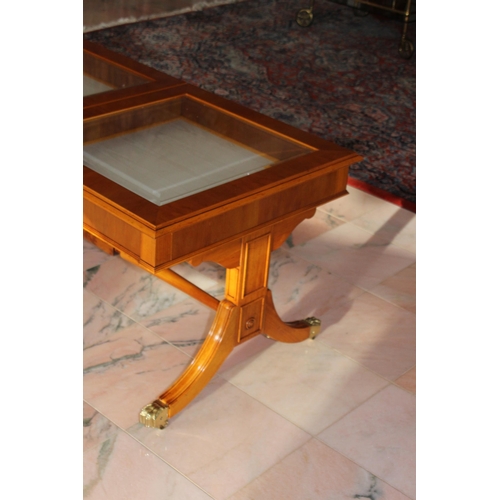 22 - INTERESTING YEW WOOD REPRODUCTION DISPLAY TOP COFFEE TABLE 
120 X 65 X 55CM