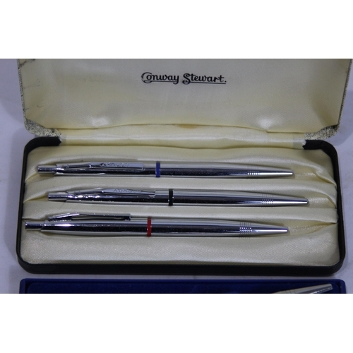 858 - CASED SET OF CONWAY STEWART BIRO PENS AND ONE OTHER