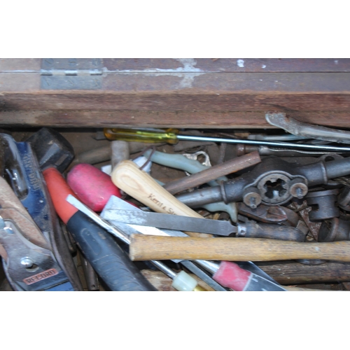 455 - VINTAGE WOODEN TOOL BOX AND TOOLS 
63 X 31 X 27CM